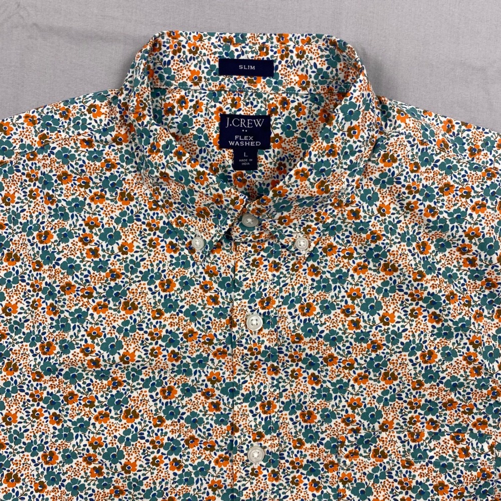 J.Crew Slim Flex Washed Shirt Mens L Orange Blue Floral Summer Stretch Preppy